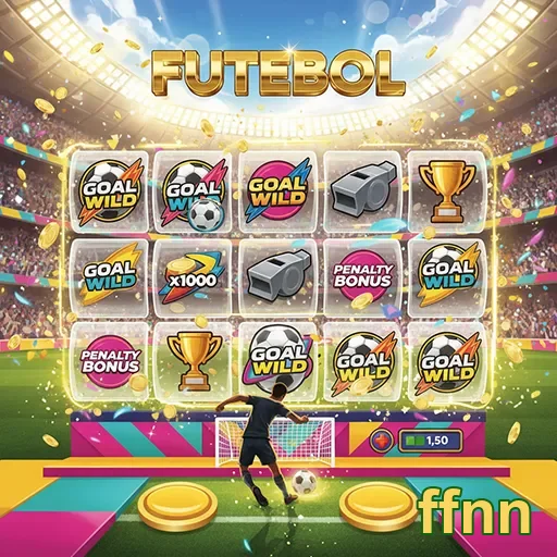 Jogo de slot de futebol no site ffnn, com gráficos coloridos e símbolos relacionados ao esporte.